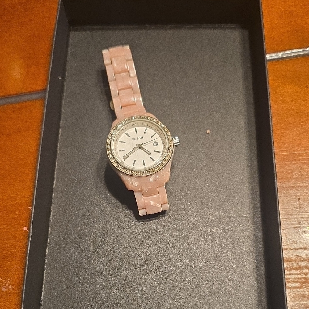 Fossil Blush Pink Ceramic Watch with Crystal Bezel